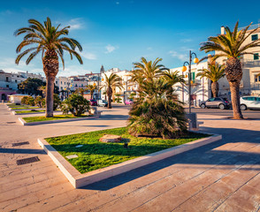 Sunny morning view of central park of Vieste town. Amazing spring scene of Apulia, Italy, Europe. Traveling concept background.
