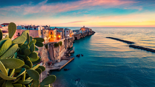 Fototapeta Awesome evening cityscape of Vieste - coastal town in Gargano National Park, Italy, Europe. Captivating spring sunset on Adriatic sea. Traveling concept background.