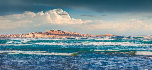 Stormy morning view of  Vieste town. Dramatic spring seascape of Adriatic sea, Gargano National...
