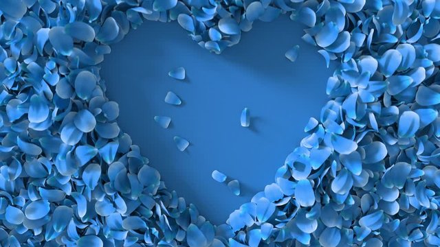 Realistic 3D animation of blue petals with moving to create heart copy space background. Floral Valentine's Day or wedding backdrop. 4k reactive fresh concept.