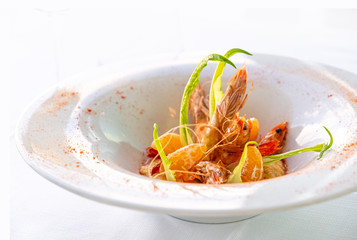 shrimps with  tangerine and vegatables. Italian Gourmet restaurant food. Healthy food