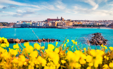 Fototapeta premium Coastal town in southern Italy’s Apulia region - Otranto, Apulia region, Italy, europe. Popular Alimini Beach on background. Traveling concept background.