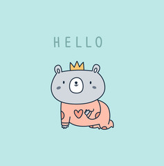 Cute prince bear baby in crown and pink jumpsuit isolated on mint background. Childish animal character vector illustration. Ideal for cards, poster, decoration, textile, print, souvenir, calendar