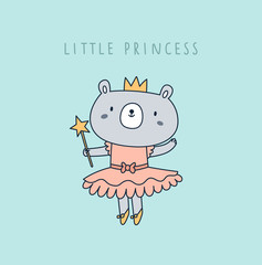 Cute little princess bear in crown and pink dress isolated on mint background. Childish animal character vector illustration. Ideal for cards, poster, decoration, textile, print, souvenir, calendar