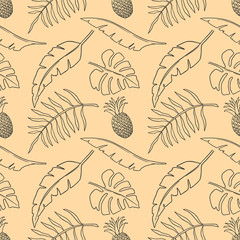 Seamless pattern with tropical leaves and fruits. Design element for poster, card, banner, flyer. Vector illustration