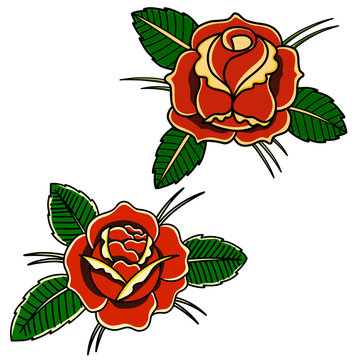 Set of  illustrations of roses in old school tattoo style. Design element for logo, label, sign, emblem, poster. Vector illustration