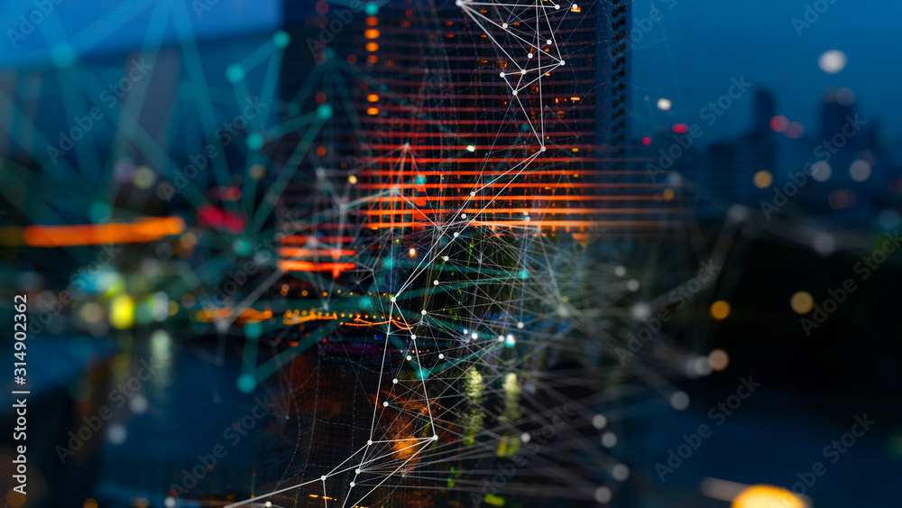 Poster Wireless network and Connection technology concept with Abstract buildings and city background
