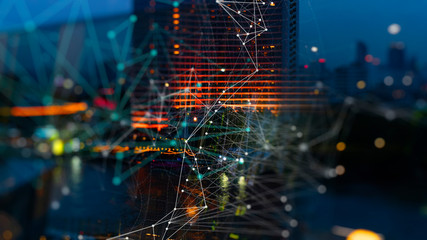 Wireless network and Connection technology concept with Abstract buildings and city background