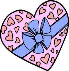Pink Heart shaped gift boxes. Hand-drawn stock illustration of present with hearts decoration. Isolated on white background. Ribbon, bow. Package. Icon. Doodle. Valentines day concept.