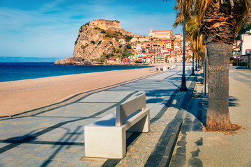 Wonderful morning view of Scilla town with Ruffo castle on background, administratively part of the Metropolitan City of Reggio Calabria, Italy, Europe. 