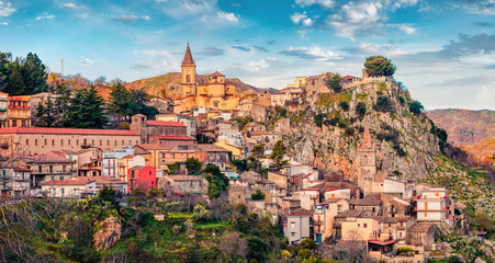 Wonderful morning cityscape of Novara di Sicilia town. Amazing spring view of Sicily, Italy,...