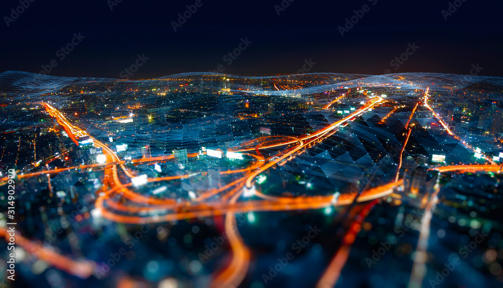 Wall mural wireless network and connection technology concept with abstract bangkok city background