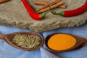 Kuchenne przyprawy na kamiennym blacie.