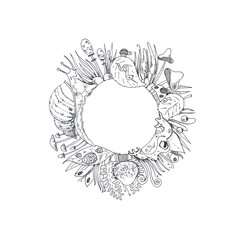 Composition with animals from a pond with, snail, frog and buds in the schedule