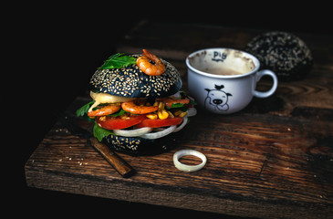Burger Cup coffee tea Breakfast lunch dinner black background