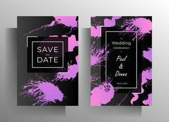 Design wedding invitation template set. Blots of paint on a black background are drawn by hand. Vector 10 EPS.