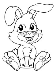 Easter bunny rabbit cartoon character in black and white outline.
