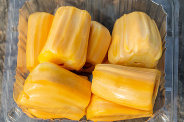 Bright juicy orange fresh colorful jackfruit sliced into large triangular pieces is in the plastic bag