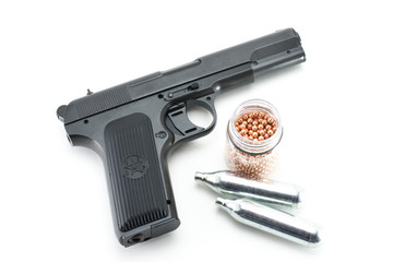  Black air gun. Two cylinders of CO2 and a can of bullets. Copy of the pistol of the armed forces of the USSR.