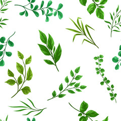 Seamless pattern of sprigs with green leaves.