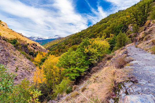 G&uuml;&eacute;jar-Sierra, Spain - October 27, 2019. Beautiful view from the hiking trail Vereda de la Estrella in the natural park of Sierra Nevada.