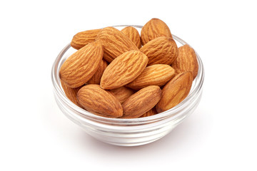 Almond. Almond nuts in a bowl, isolated on white background