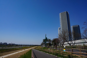 青空と河川敷　東京の風景
