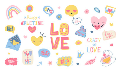 Set of designer elements for Valentine's Day in fllet style. Cute colorful speech bubble for greeting card, banner, brochures. Vector illustration