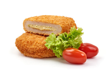 Fried Chicken cordon bleu with cheese in breadcrumbs, swiss food, isolated on white background