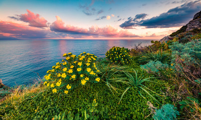 Calm spring view of Milazzo cape. Stunning sunrise on Sicily, Italy, Europe. Amazing seascape of...