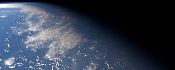 Blue marble planet earth ocean seen from space during sunset or sunrise. Ocean, clouds and atmosphere seen and dark space above. Great high resolution panoramic background.