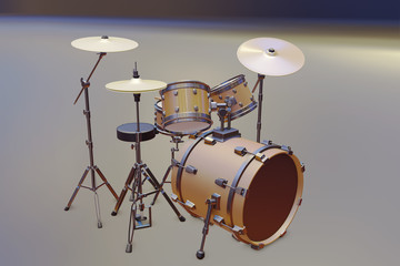 Acoustic drum set on a colored background. 3d render