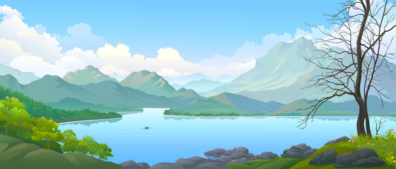 River landscape with mountains and skies