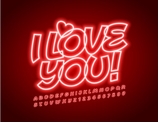 Vector Neon Light Poster I Love You! Set of Bright Shiny Alphabet Letters . and Symbols