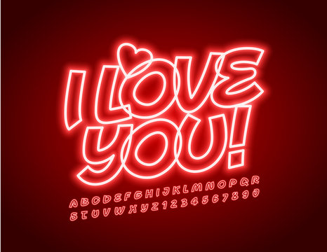 Vector Neon Light Poster I Love You! Set of Bright Shiny Alphabet Letters . and Symbols