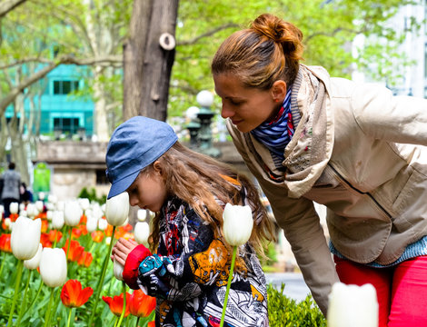 Mom and daughter watching flowers in a city park in New York City Manhatan USA. Wonderful decoration of streets and flowers trees and plenty of greenery. Tulips in the picture in the city