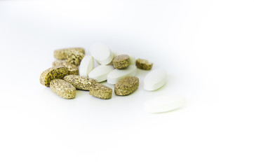White and colored pills, vitamins, minerals and other health food supplements, iron, B12, magnesium Pharmaceutical drugs for sick people. Research and development of human immunity omega 3 6 substance