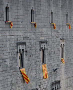 Girona, Spain, 02 March, 2018: Catalan flags in all windows