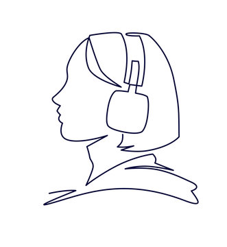 recommend clip art: Woman listening to music in headphones continuous one line vector drawing