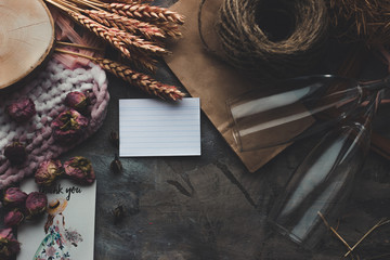 two glasses of a bouquet of romantic atmosphere flat lay