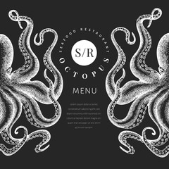Octopus colored banner template. Hand drawn vector seafood illustration on chalk board. Engraved style squid. Retro menu design