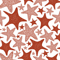 Seastars seamless pattern. Hand drawn vector marine animals illustrations. Engraved style sea stars. Retro sea background.