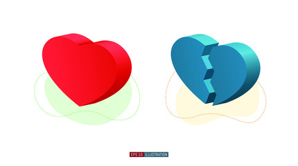 Trendy flat illustration. Heart and broken heart 3D isometric icons. Template for your design works. Vector graphics.