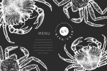 Crab design template. Hand drawn vector seafood illustration on chalk board. Engraved style crustacean. Vintage lobster banner.