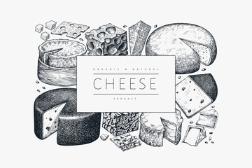 Cheese design template. Hand drawn vector dairy illustration. Engraved style different cheese kinds banner. Vintage food background.