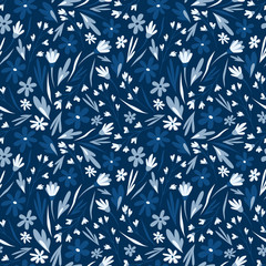 Summer seamless pattern. Floral print for textiles. Blue flowers. Wrapping paper. Doodle style. Floral print for textile. Fabric art