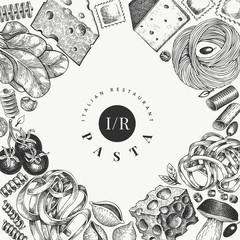 Italian pasta wits additions design template. Hand drawn vector food illustration. Engraved style. Vintage pasta different kinds background.