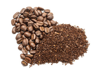 Top view of Coffee beans and roast ground coffee in heart shape white background isolated