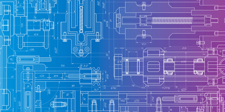 Technological Engineering Scheme On A Color Bright Background .Mechanical Engineering Drawing .Computer Aided Design Systems.Industrial  Banner.Vector Illustration .	