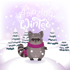 Winter vector illustration with cute racoon.